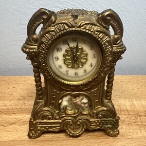 VTG Waterbury Miniature Shelf Desk Clock Victorian Fancy Brass Cherub 1890s